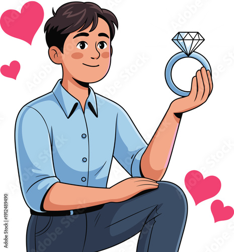 Man Kneeling with Diamond Engagement Ring and Hearts, Romantic Marriage Proposal and Wedding Celebration Vector Illustration in Modern Casual Attire
