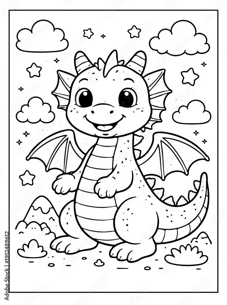 Fototapeta premium Happy cartoon baby dragon illustration ready for coloring practice among simple clouds and mountains.