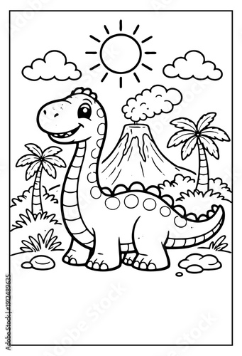 coloring page features a friendly, long-necked dinosaur standing in a prehistoric landscape with a smoking volcano, palm trees, and a shining sun.