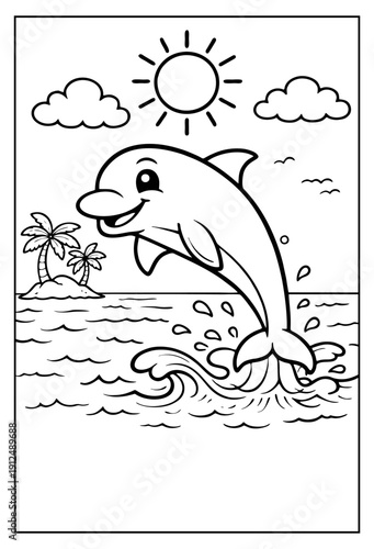 A cheerful coloring page featuring a happy dolphin leaping high out of the splashing ocean waves, with a tropical island, palm trees, fluffy clouds, and a bright sun in the background.
