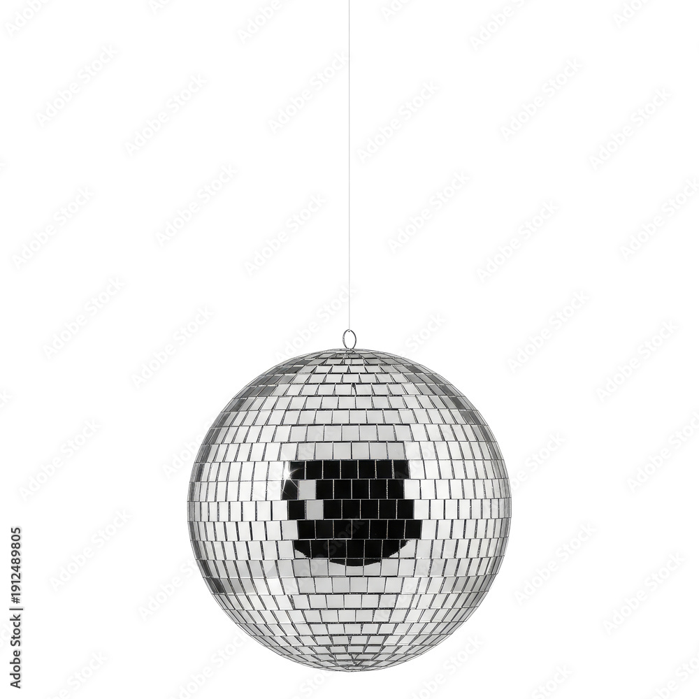 Fototapeta premium Shiny Disco Ball Hanging on a String Against a White Background.