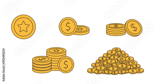 A collection of golden coins depicted in various arrangements, including single coins, stacks, and a large pile, symbolizing wealth and currency.