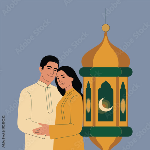 Happy Muslim Couple Standing by Large Ornate Lantern, Modern Islamic Ramadan Kareem and Eid Mubarak Celebration Vector Illustration with Traditional Attire