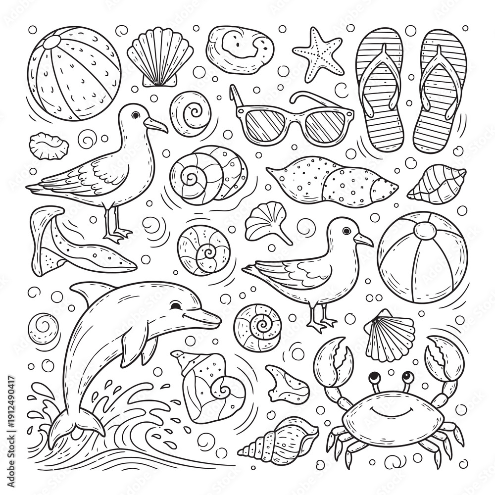 Fototapeta premium Delightful beach scene featuring sea creatures and summer essentials in a playful line art style, perfect for adding a touch of coastal charm to your projects