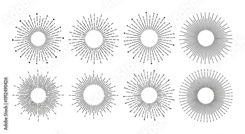 A collection of eight circular, radiating line art designs, resembling sunbursts or starbursts, with intricate patterns emanating from a central void.