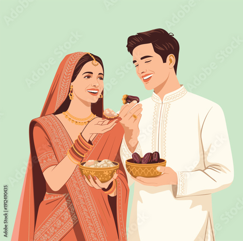Happy Muslim Couple Sharing Traditional Sweets and Dates for Iftar, Modern Islamic Ramadan Kareem and Eid Mubarak Celebration Vector Illustration with Elegant South Asian Attire