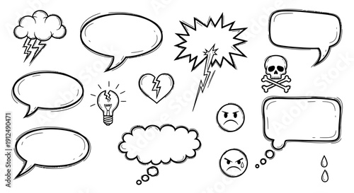 A collection of hand-drawn comic book style speech bubbles, thought bubbles, and symbols representing emotions and ideas.