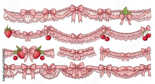 Collection of delicate pink lace borders adorned with bows, strawberries, and cherries, perfect for sweet or kawaii designs.