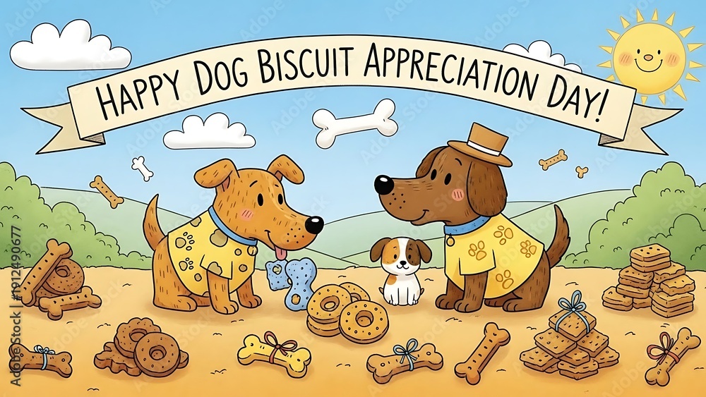 Obraz premium Cartoon dogs celebrating happy dog biscuit appreciation day with treats