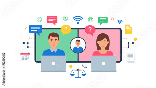 Illustration of two people video conferencing with a third person on a screen between them, surrounded by digital icons and symbols on a white background with a mix of green and pink colors.