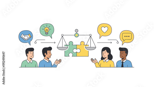 Flat illustration of diverse businesspeople discussing and balancing ideas with puzzle pieces and scales on a white background with a professional and collaborative mood.