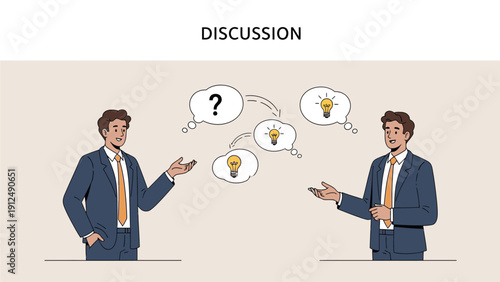 Two businessmen in blue suits discussing ideas with lightbulbs and question mark in speech bubbles above them on a beige background.