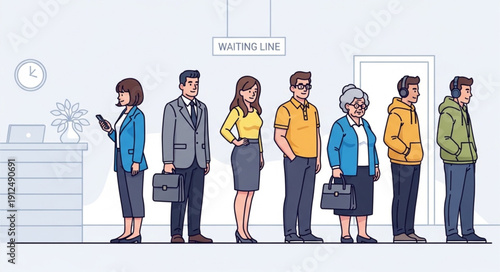 Diverse group of people standing in line waiting patiently.