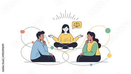 Illustration of three people sitting cross-legged in a circle with colorful lines and dots, conveying a creative and collaborative mood.