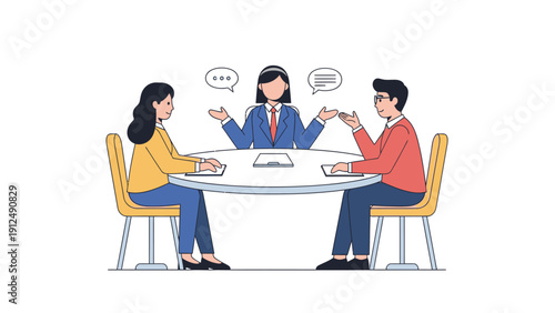 Illustration of a business team discussing and meeting around a table with speech bubbles, in a cartoon style with a professional and communicative mood.