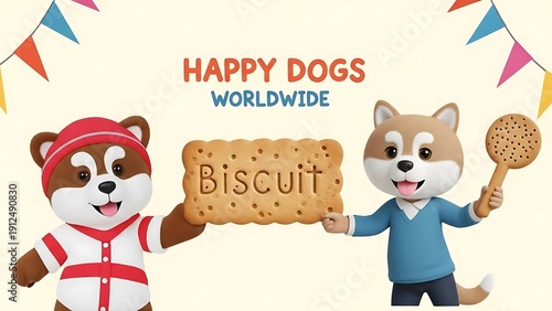 Cartoon dogs holding a biscuit for advertising and promotional purposes