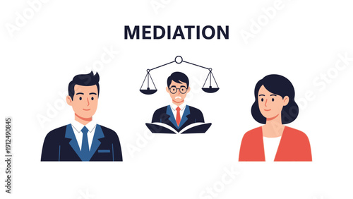 Flat illustration of a mediation scene with a male mediator holding a book and scales between a man and a woman on a white background.
