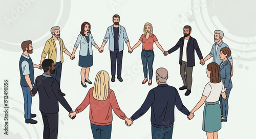 Diverse group of people holding hands in a circle.