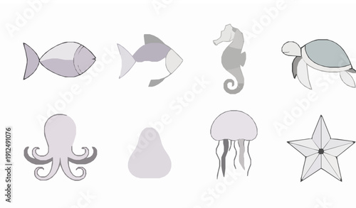 Minimal watercolor sea creature icon set modern marine animal collection ocean life vector illustration isolated on transparent background