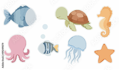 Cute watercolor sea creature cartoon set ocean animals friendly marine life vector illustration isolated on transparent background