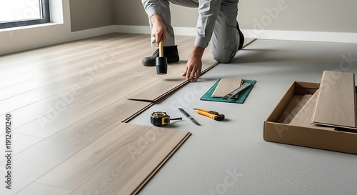 Craftsman installing laminate flooring with precision in modern house