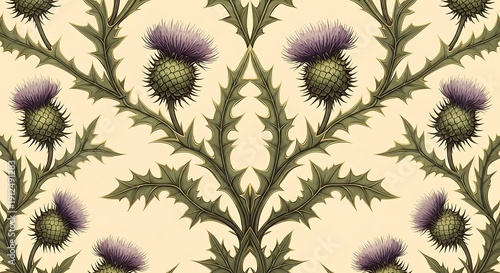 Elegant stylized thistle blossom repeat pattern on a beige background