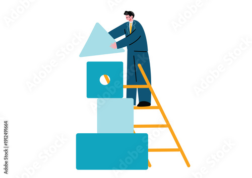 ブロックを組み立てるスーツを着た男性