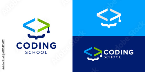 Creative simple coding school logo template. Abstract code with graduatiion hat for Programmer academy logo design vector illustration.