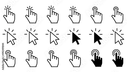 Collection of computer cursor icons and clicking hand pointers on white background.