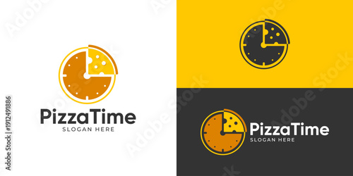 Creative simple pizza time logo template. Abstract clock with slice pizza, fast food logo design vector illustration.