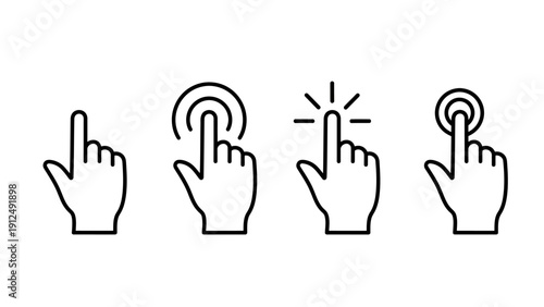 Set of four hand cursor icons demonstrating click, tap, touch, and press actions for UI interaction illustrations.