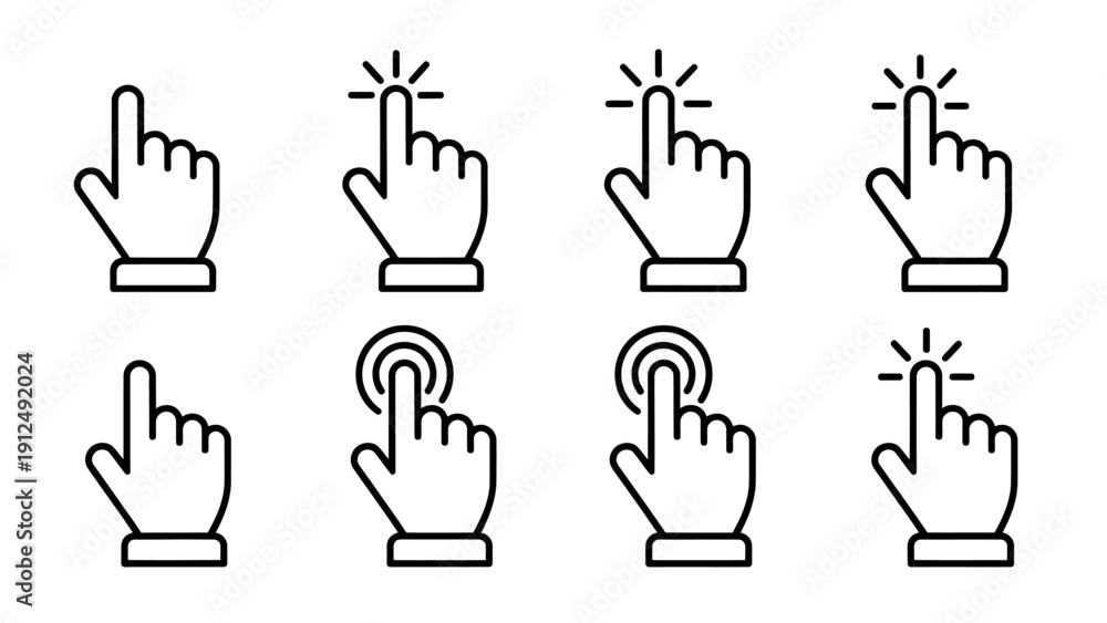 Fototapeta premium Sequence of hand cursor click icons illustrating tapping actions.
