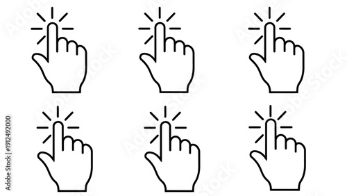 Set of hand cursor click icons with radiant click effects and multiple positions.