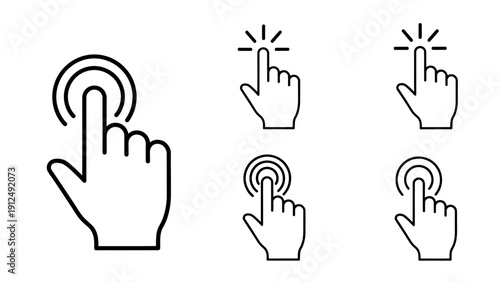 Set of vector hand click icons depicting multiple tap gestures for user interface design.