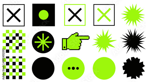 Diverse neon green icon set with checkerboard patterns, circles, and a thumbs up motif.