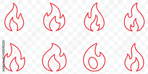 Set of fire, flame linear icon collection. Editable stroke. Flame design of different shapes. Vector illustration.