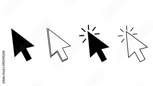 Multiple cursor icons displayed in various styles representing user interface interaction and pointing actions.