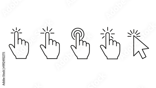 Five Stylized Cursor Click Icons in a Row, Vector Illustration Demonstrating User Interface Interaction.