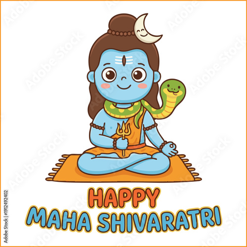 Cute cartoon Lord Shiva meditating. Happy Maha Shivaratri greeting card vector.