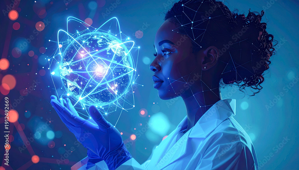 Fototapeta premium Modern healthcare innovation scene, doctor engaging with AR holograms.