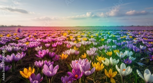 Colorful Crocus Field Under a Vibrant Rainbow Sky.