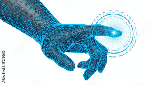 Digital blue hand interacting with holographic touch interface in a futuristic scene.