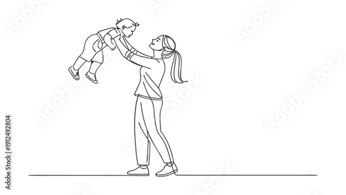 Mother holding toddler aloft in minimalist black and white line child lifting