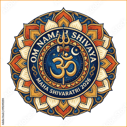 Om Namah Shivaya circular mandala badge. Maha Shivaratri 2026 decorative emblem.