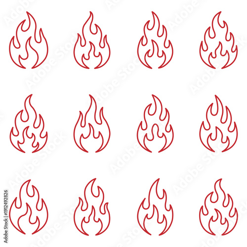 Fire, flame line icon set. Flames, flame of various shapes, bonfire, burning, heat, energy icons in line art style collection. Editable stroke. Vector illustration.