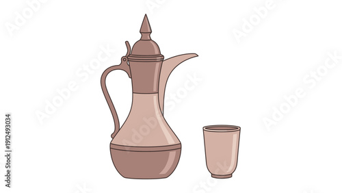 An illustration of a traditional Arabic coffee pot and cup, known as a dallah and finjal, with a warm, earthy tone against a clean white background.