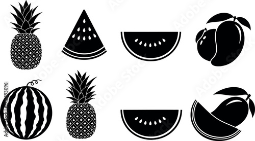 Summer fruits illustrations pineapple watermelon and mango silhouettes for a refreshing season