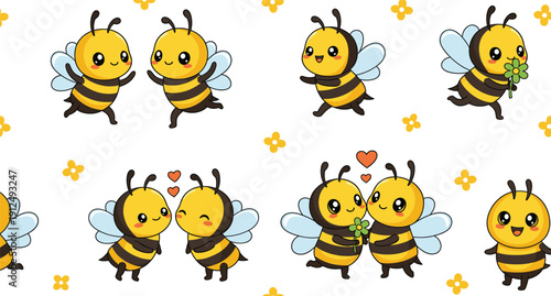 Kawaii honeybee vector illustration set with blushing bees and flowers for honey branding and nursery decor