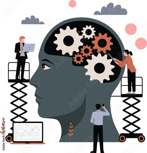 Business People Repairing Human Brain with Gears, Mental Health and Cognitive Optimization Concept Vector Illustration for Corporate Productivity