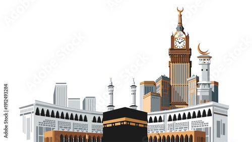 Illustration of the Mekkah cityscape with the Kaaba and Abraj Al-Bait clock tower in a stylized, modern architectural style against a clean white background.